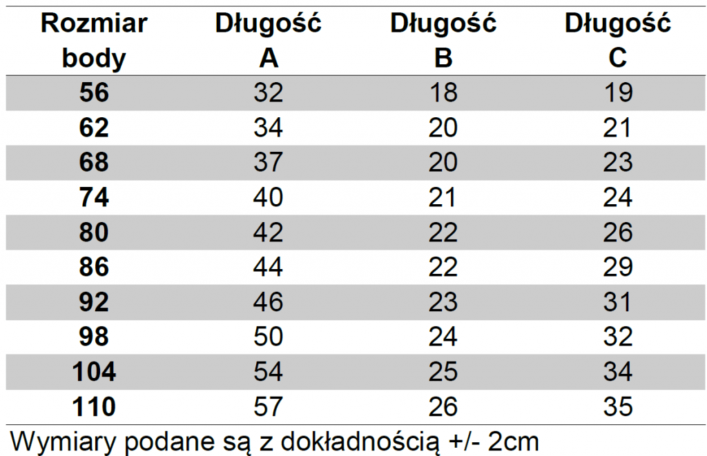 Body niemowlęce - wymiary - tabela