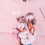 Koszulka pudrowy róż z krótkim rękawem urocza grafika mama córeczka rozmiar 92