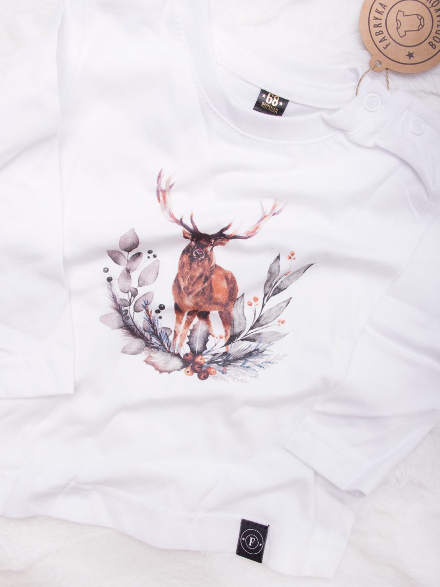 Koszulka biała długi rękaw z jeleniem rozmiar 68