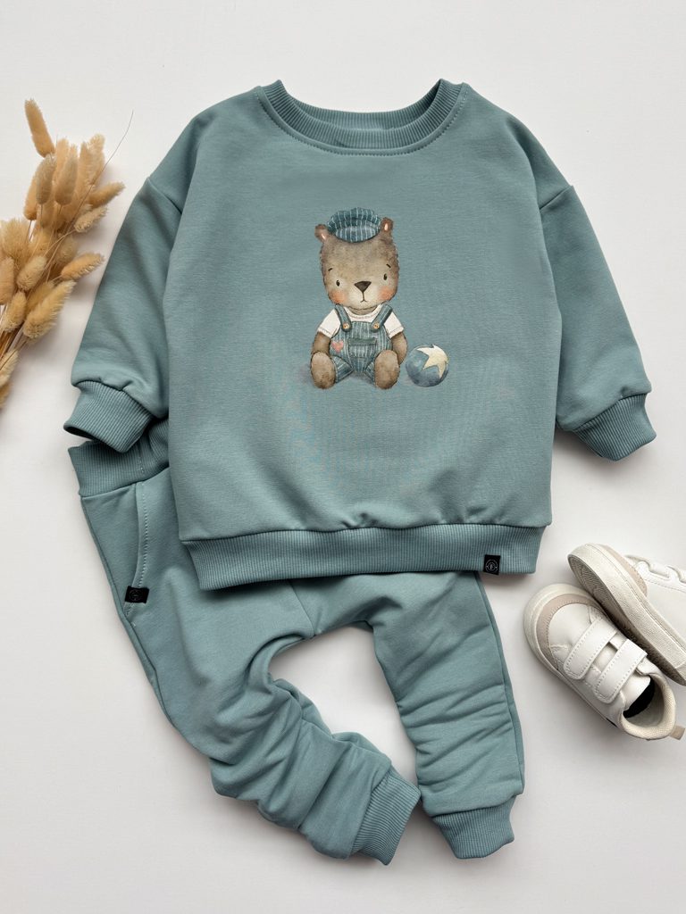 Niebieski komplet dla dziecka miś vintage (bluza + spodnie)