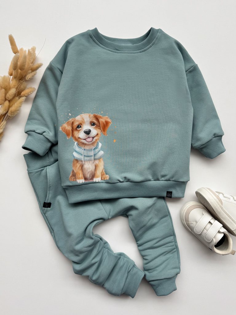 Niebieski komplet z nadrukiem pieska (bluza + spodnie)