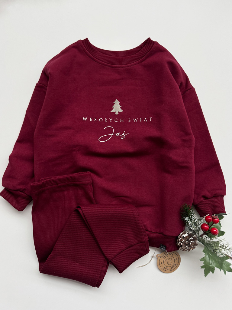 Bordowy komplet choinka Wesołych Świąt bluza + getry prążek