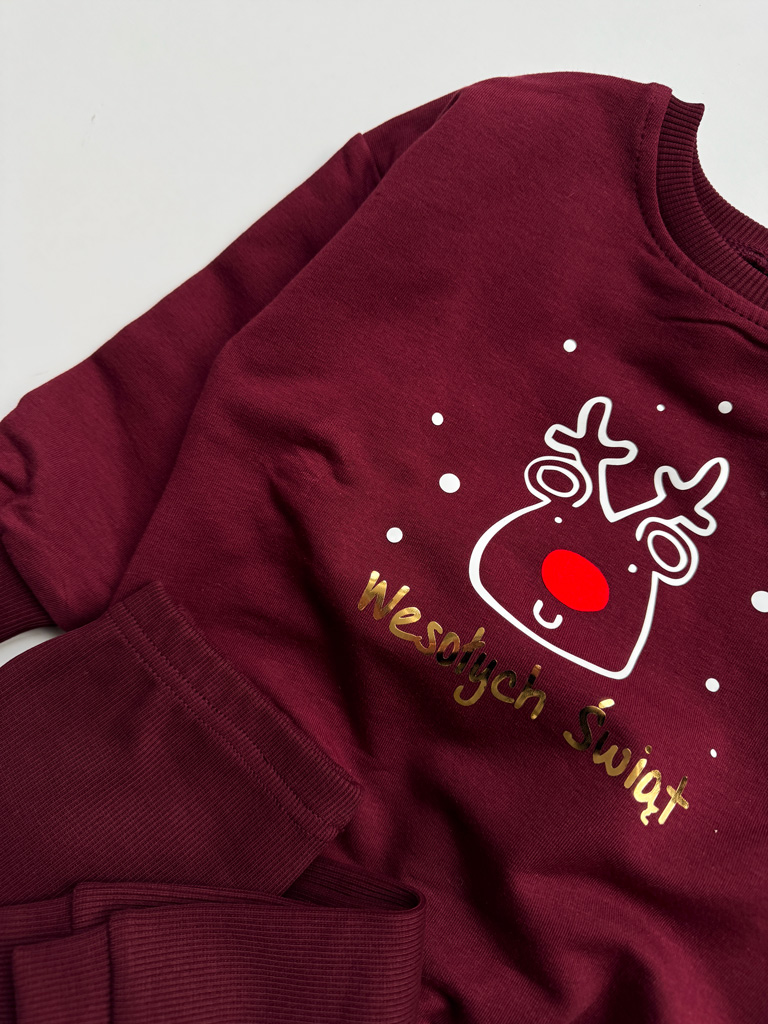 Bordowy komplet renifer Wesołych Świąt bluza + getry prążek