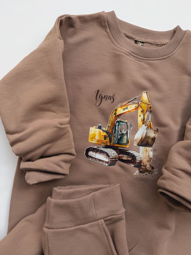 Kawowy komplet dresowy koparka z imieniem bluza + spodnie