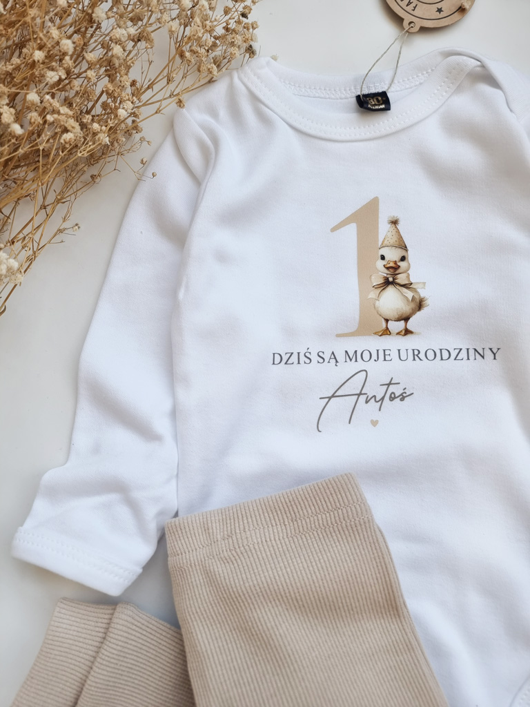 Body niemowlęce urodzinowe z kaczuszką