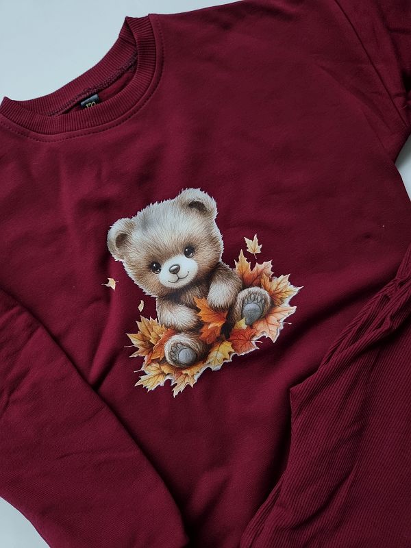 Komplet bordowy bluza + getry prążek miś w liściach rozmiar 122