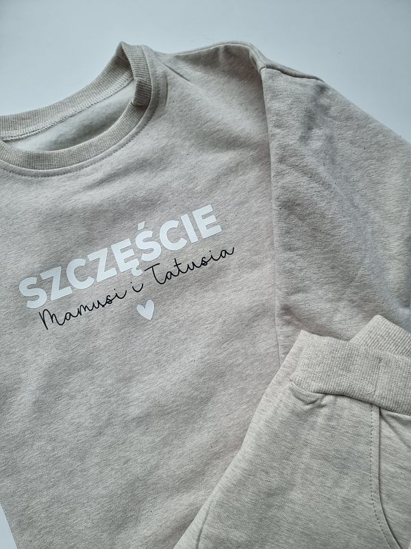 Komplet beż melanż bluza + spodnie dresowe szczęście mamusi i tatusia rozmiar 122