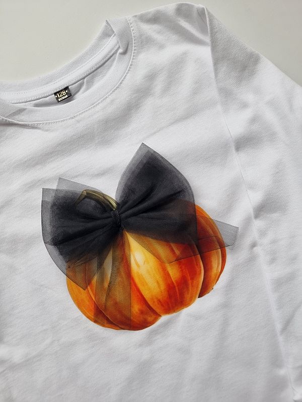 Koszulka biała długi rękaw dynia z tiulową kokardą rozmiar 128