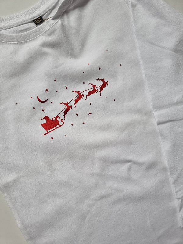 Koszulka biała długi rękaw sanie Mikołaja rozmiar 128