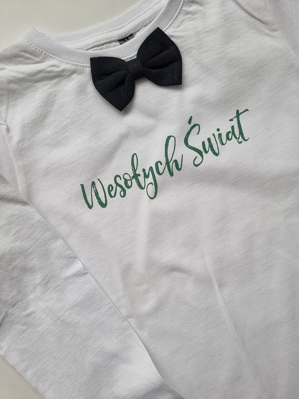 Koszulka biała długi rękaw czarna mucha i napis wesołych świąt rozmiar 128