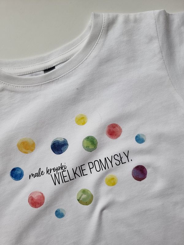 Koszulka biała krótki rękaw małe kropki wielkie pomysły rozmiar 128