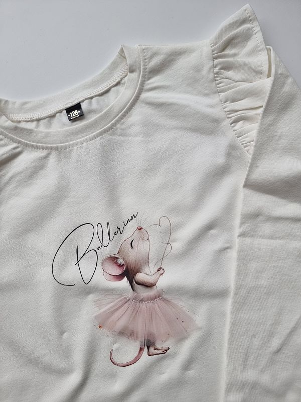 Koszulka ecru długi rękaw myszka balerina rozmiar 128