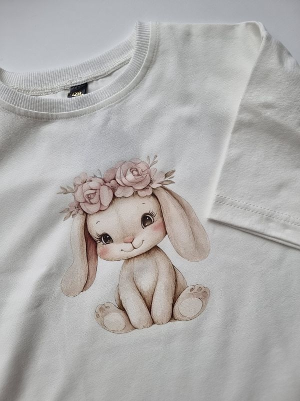 Koszulka ecru krótki rękaw zajączek w wianku rozmiar 128