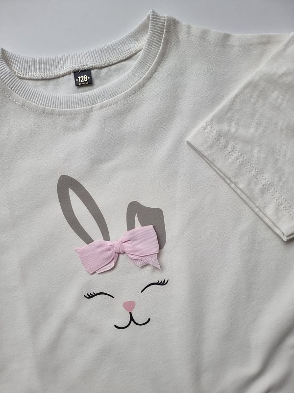 Koszulka ecru krótki rękaw buzia króliczka rozmiar 128