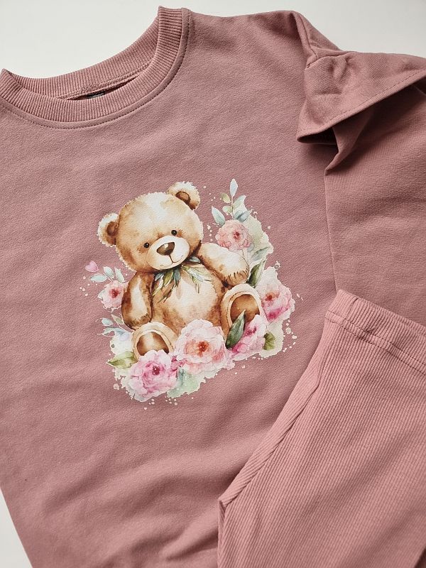 Komplet brudny róż bluza + getry prążek miś w kwiatach rozmiar 128