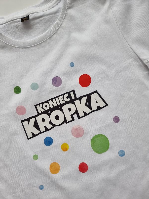 Koszulka biała krótki rękaw koniec i kropka rozmiar 134