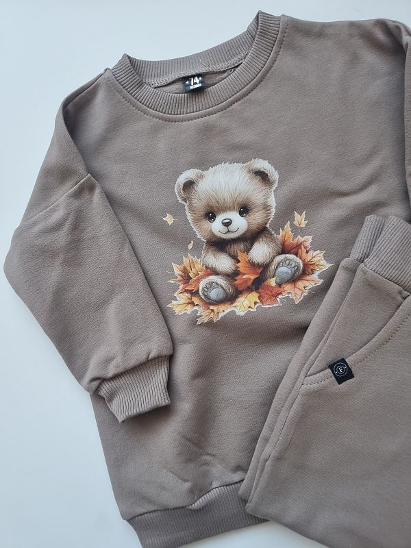 Komplet kawowy bluza + spodnie dresowe miś w liściach rozmiar 74