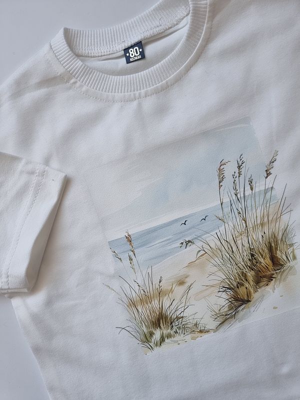 Koszulka ecru krótki rękaw plaża rozmiar 80