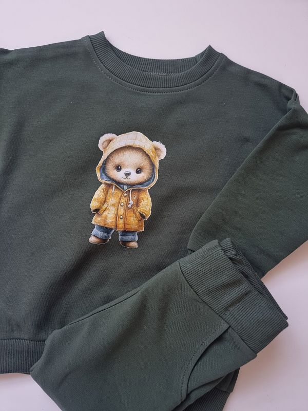 Komplet oliwkowy bluza + spodnie dresowe misio w płaszczu rozmiar 86