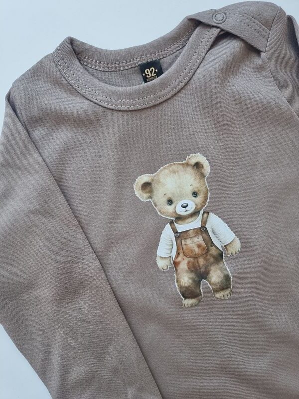 Body kawowe długi rękaw miś w ogrodniczkach rozmiar 92