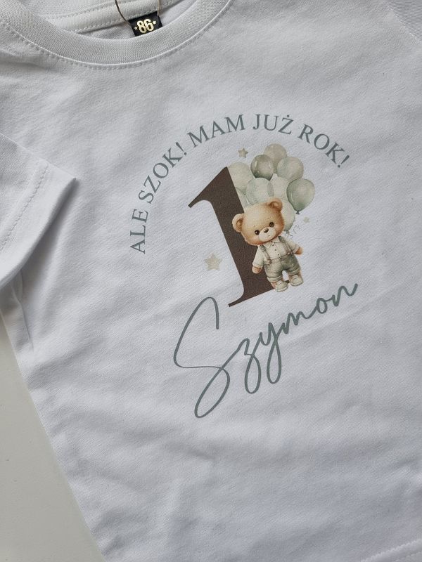 Koszulka biała krótki rękaw Szymon urodzinowa rozmiar 86