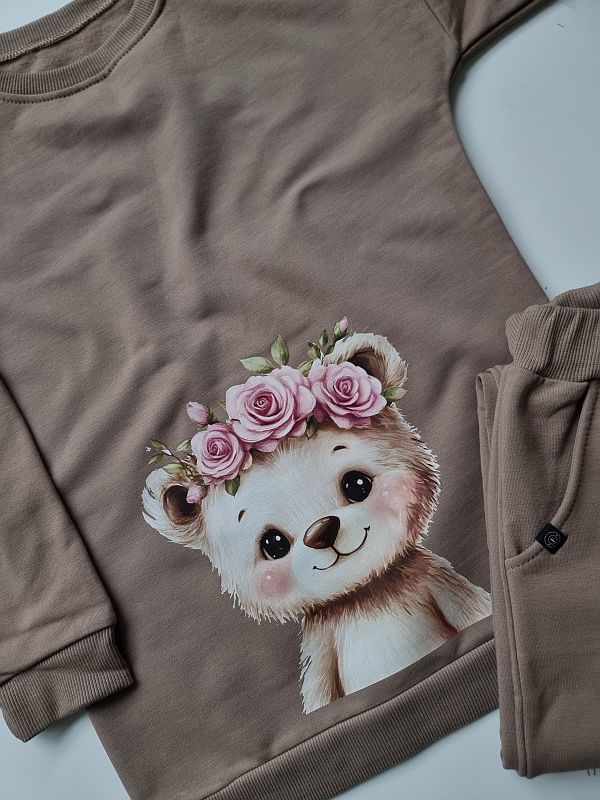 Komplet kawowy bluza + spodnie dresowe miś w wianku rozmiar 128