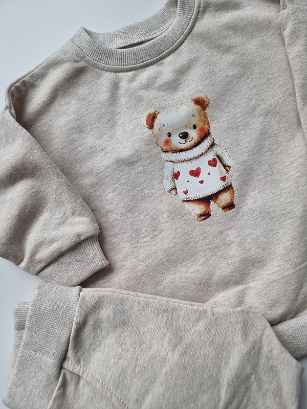 Komplet beżowy bluza + spodnie dresowe miś w sweterku rozmiar 74