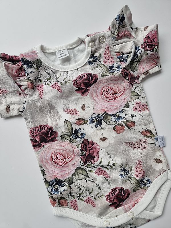 Body w róże print z falbankami krótki rękaw rozmiar 68