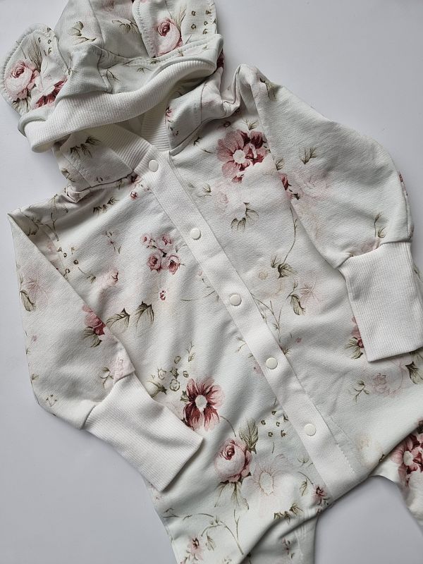 Kombinezon niemowlęcy z kapturem i uszkami kwiaty rozmiar 74