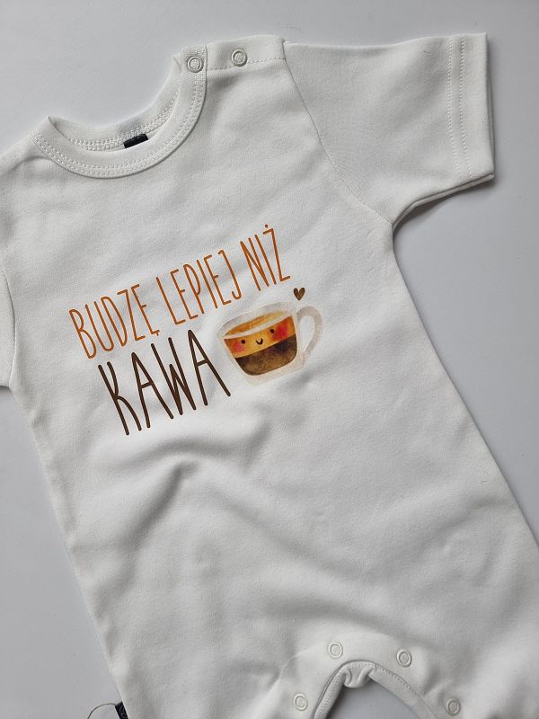 Pajac ecru bez stópek budzę lepiej niż kawa  rozmiar 80