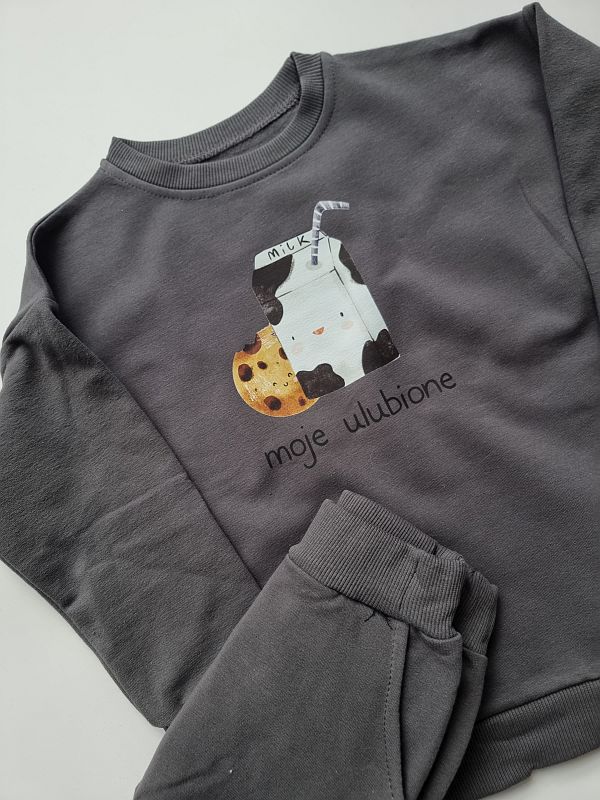 Komplet grafitowy bluza + spodnie dresowe mleko i ciasteczko rozmiar 98