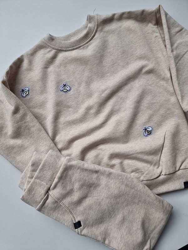 Komplet beż  melanż bluza + spodnie dresowe pszczółki rozmiar 110