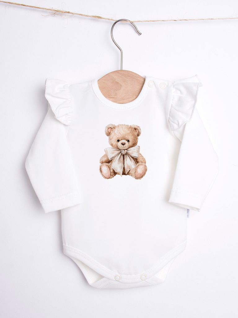 Body niemowlęce z falbankami przy rękawach pluszowy miś z kokardą