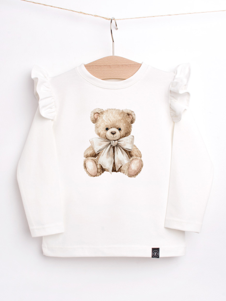 Koszulka z falbankami przy rękawach pluszowy miś z kokardą