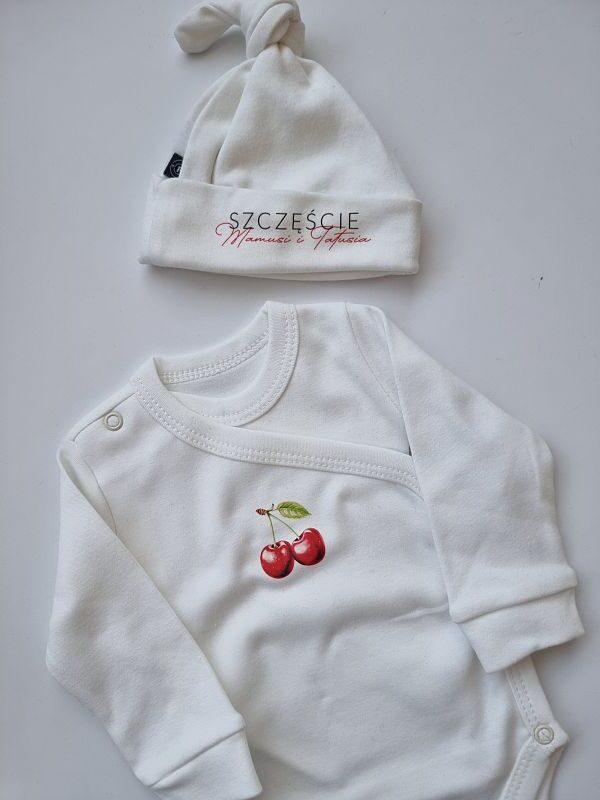Komplet ecru body kopertowe + czapeczka wisienki rozmiar 62