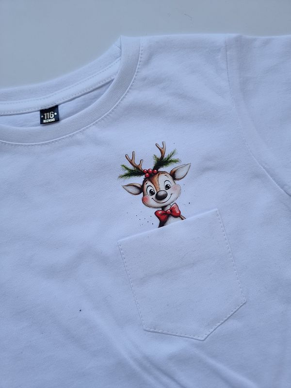 Koszulka biała krótki rękaw renifer w kieszonce rozmiar 116
