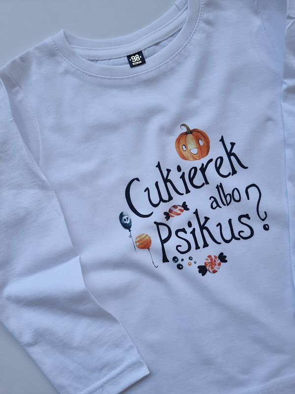 Koszulka biała długi rękaw cukierek albo psikus rozmiar 98