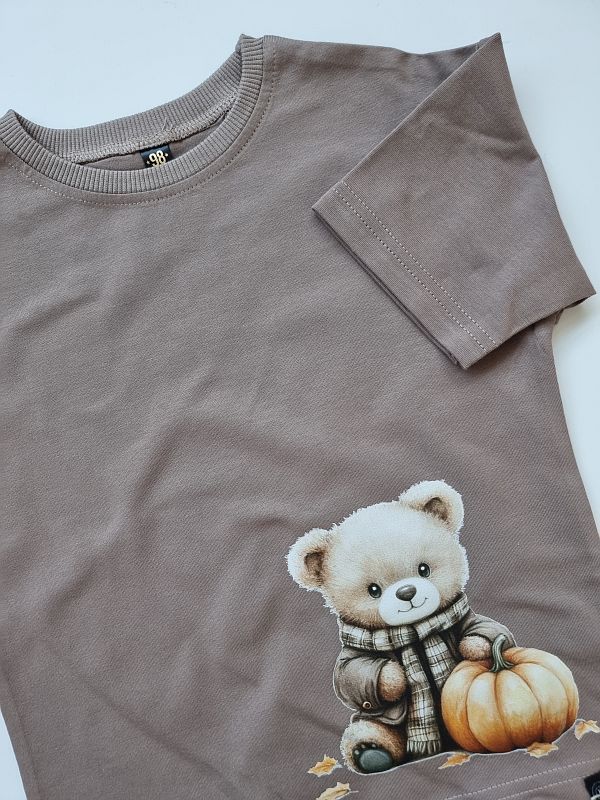 Koszulka kawowa krótki rękaw miś z dynią rozmiar 98