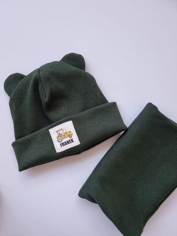 Czapka + komin oliwkowa traktor Franek rozmiar 0-6M