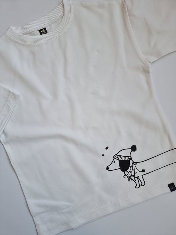 Koszulka ecru krótki rękaw jamnik nadruk dwustronny rozmiar 104