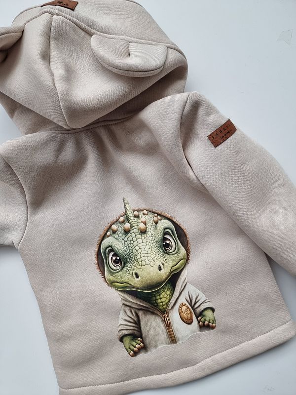 Bluza beżowa z kapturem na suwak z tyłu nadruk dinozaura rozmiar 80