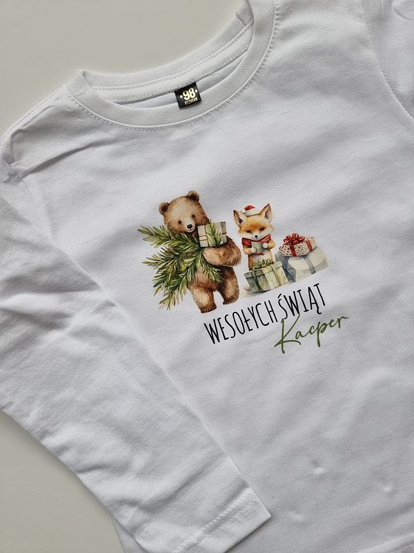 Koszulka biała długi rękaw wesołych świąt Kacper rozmiar 98
