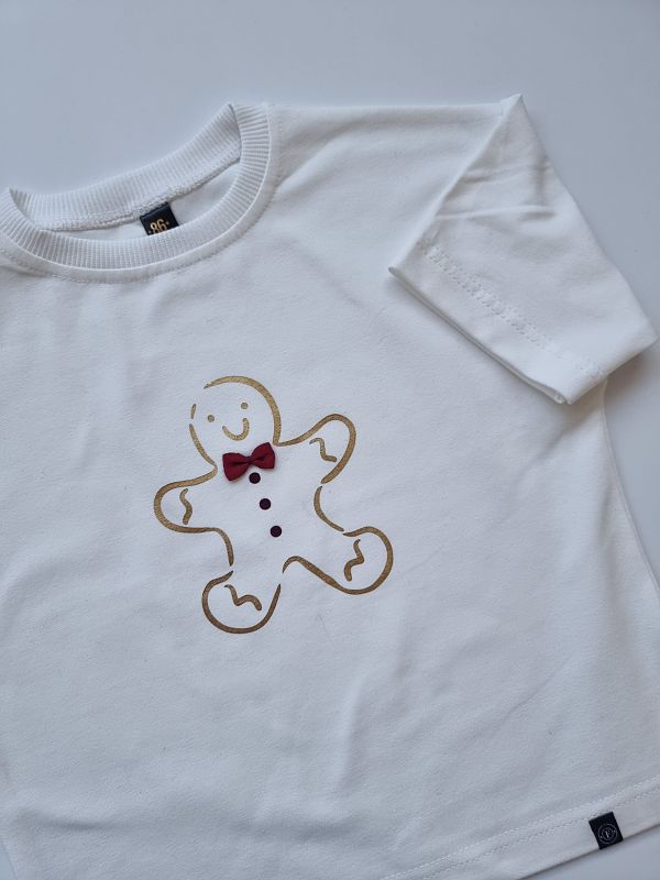 Koszulka ecru krótki rękaw pierniczek z kokardą rozmiar 86