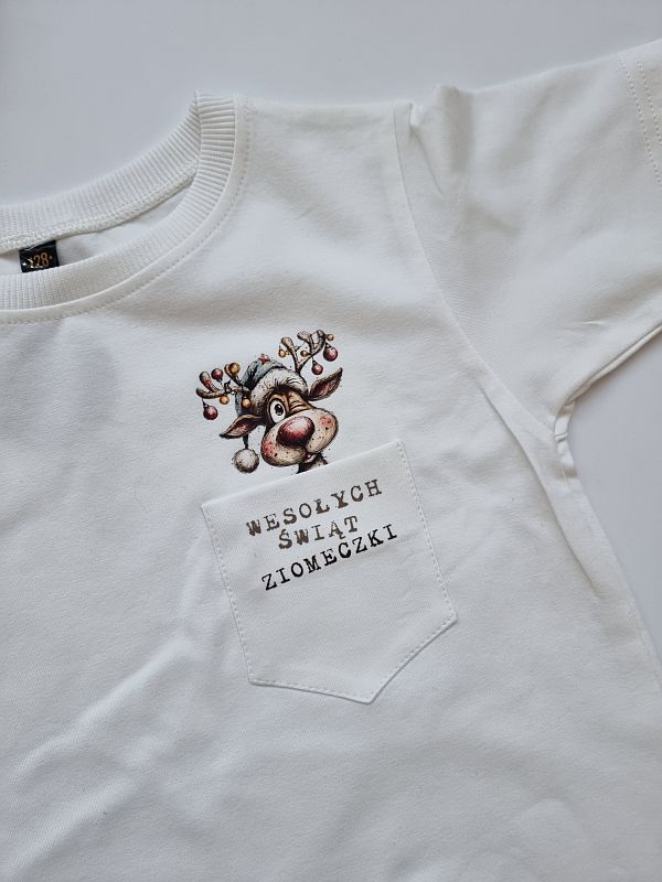 Koszulka ecru z kieszonką krótki rękaw wesołych świąt ziomeczki rozmiar 128