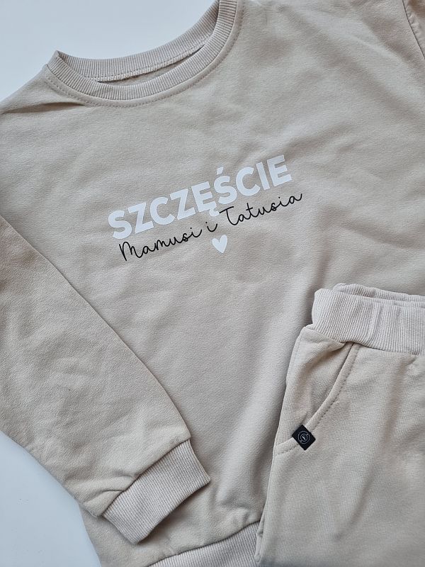 Komplet beżowy bluza + spodnie dresowe szczęście mamusi i tatusia rozmiar 122