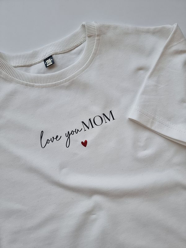 Koszulka ecru krótki rękaw love you mom rozmiar 116
