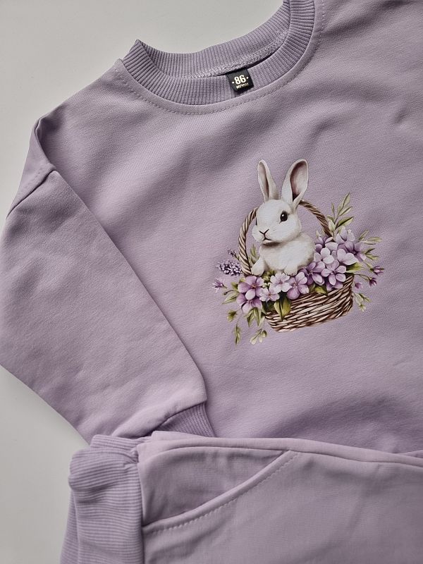 Komplet liliowy bluza + spodnie królik w koszu rozmiar 86