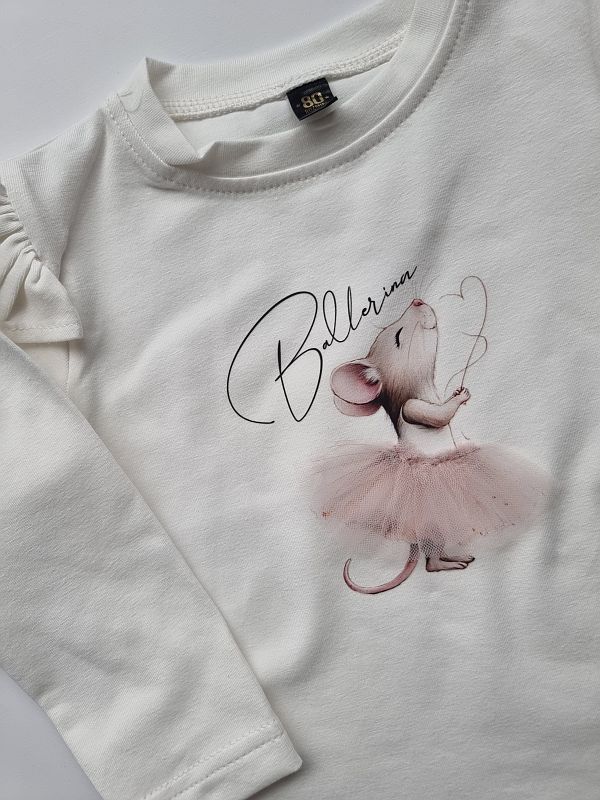 Koszulka ecru długi rękaw myszka ballerina rozmiar 80