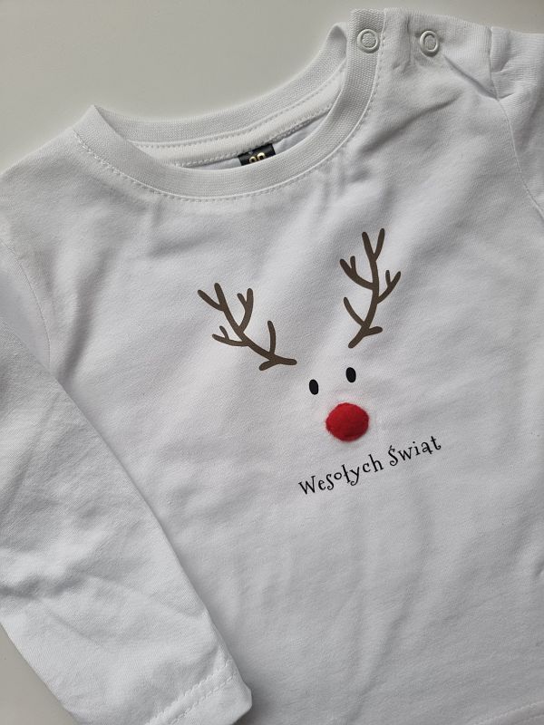 Koszulka biała długi rękaw renifer z pluszowym nosem rozmiar 80