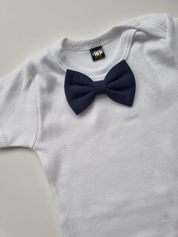 Body białe krótki rękaw granatowa mucha rozmiar 80